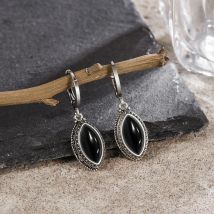Vintage 925 Sterling Silver Natural Onyx Earrings Simple Black Onyx Moonstone Retro Pendant Earring Fine Jewelry Gifts For Women