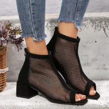 2024 Summer Boot Zapatos Chaussures Femme Zipper Square High Heel Leopard Woman Shoes Women Mesh Suede Ankle Boots Size 43
