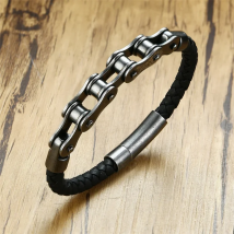 Mingao Man Bracelet Stainless Steel Bicycle Chain Leather Bracelet European and American Style Retro Black Men Braclet Friends