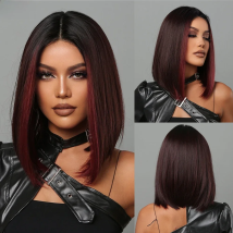 Medium Length Chestnut Brown Synthetic Wigs Middle Part Wine Red Highlights Straight Wig Heat Resistant for Women Party Cosplay