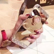 For iPhone 16 15 14 13 12 11 Pro Mini 8 7 XS Max XR SE Case Glitter Diamond 360 Rotation Ring Stand TPU Mirror Rhinestone Funda