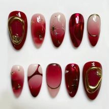 24pcs Deep Red Simple French Fake Nails Baroque Starry Ins Press on Nails For Women Wearable Detahcble Short Almond Fake Nails