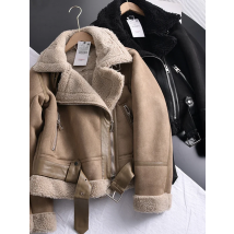 Ailegogo Winter Women Thick Warm Suede Lamb Jacket Short Motorcycle Brown Coats Faux Shearling Sheepskin Leather Jackets Outwear