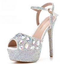 Fashion Diamond Wedding Shoes Ladies 14cm Heels Open-toed High-heeled Waterproof Platform Party Shoes Women