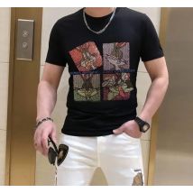 Diamond Cartoon Plein ali brand Summer men's Tops male brand Casual Fashion Rhinestones T-shirt