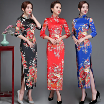 Old Shanghai Elegant Women Satin Qipao Slim 3/4 Sleeve Long Dress New Traditional Chinese Mandarin Collar Cheongsam Vestidos