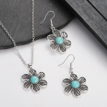 Bohemia Hollow Flower Dangle Earring Set Vintage Turquoises Silver Color Necklace Earring Sets Women's Flowers Bijoux Gift