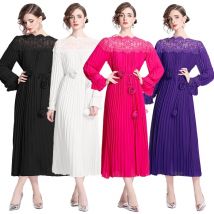 2024 Autumn Lace Splicing Celebrity French Style Loose and Skinny Fashion Flower Casual Pleated Sexy Dress Miyake