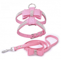 Pet Harness Leash With Rhinestone Bling Crystal Adjustable Chest Strap Soft Suede Bow Leather High Quality Drop Shipping