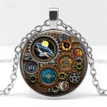 2018/ hot sale, retro steampunk inspired necklace, gear clock pattern glass pendant necklace wear jewelry