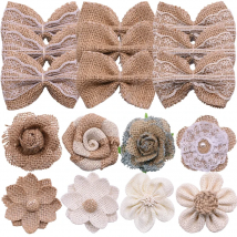 5pcs Burlap Flower Natural Rustic Flower Bowknot with Faux Pearls for Vintage Wedding Decoration Chair Curtain DIY Craft