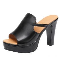 10cm Small Size 32-43 Block High Heels Shoes Heart Pleated Leather Platform Shoes 2025 Summer Womens Slides for Office Model