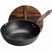 12.5" Traditional Iron Wok Carbon Steel Wok Pan Non-stick Kitchen Cookwar Woks and Stir Fry Pans with lid for All Stoves