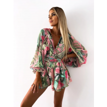 2023 Sexy Deep V Neck Jumpsuit For Women Summer Casual Boho Beach Vacation Outfit Fashion Print Lantern Sleeve Rompers Shorts