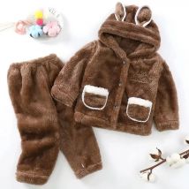 New Unisex Children Boy Warm Thick Fleece Cartoon Pyjamas Girl Long Sleeve Sleepwear Suit Kids Winter Flannel Homewear Sets
