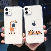 Cute Cartoon Animal Giraffe Transparent Case For iPhone 16 14 13 15 12 11 Pro Max Plus Mini XR 7 8 SE Couple Clear Soft Covers