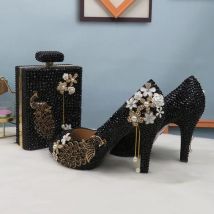 202 1Open Toe Black crystal Peacock Party Dress Wedding shoes Bride woman High heel platform shoes Ladies Female Pumps