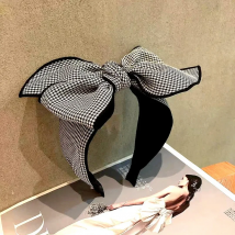 Black Plaids Bow Headband Hot Sale Hair Accessories Ponytail Hair Ornament Wide Bow Hairbands Women Outdoor Headwear Head Hoop