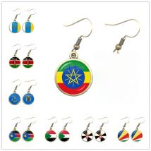 Ethiopia,Islas Canarias,Kenya,Sudan,Madeira,Melilla,South Sudan,Ceuta,Seychelles National Flag Glass Cabochon Drop Earring Women