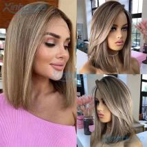 Straight Highlight Ash Blonde Human Hair 13x4 Lace Front Wigs Brazilian Pre Plucked 180% Density Side Part Short Bob Wigs