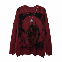 Harajuku Priest Salvation Printed Knitwears Women Streetwear Hip Hop Destroyed Hole Ripped Pullovers Jumper Oversized Men