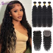 Brazilian Human Hair Deep Wave Bundles with Closure 100% Virgin Human Hair Extensions Wet and Wavy 3 4 Bundles with 4x4 Closure