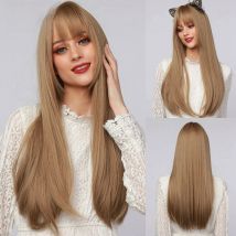 La Sylphide Synthetic Long Straight Wig Root Dark Brown Ombre Brown Hair Tip Dark with Bangs for Woman Wigs Cosplay Halloween