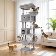 Albero per Gatti, Torre per Gatti da Interno Grande 210 cm, Cuccia Multilivello con Cuccia, 8 Tiragraffi, 4 Pompon