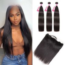 AliPearl Hair Peruvian Human Hair Lace Frontal Closure With Bundles Straight Hair 3 Bundles Remy Hair Extensions Natural Black
