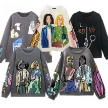 Women Sweatshirts 2024 New Fashion Beauty Girls Print Casual Sweatshirts Female O Neck Hoodies Chic Pullovers Tops