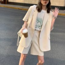 Korean Loose 2 Piece Women Short Set with Blazer Summer 2025 Thin Short-sleeved Blazers + Shorts Casual Office Ladies Suits