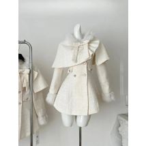 Autumn Winter France Slim 2-piece Set Women Sweet Elegant Bow Shawl Cape Female Fashion Chic Long Sleeve Solid Dress Suit New