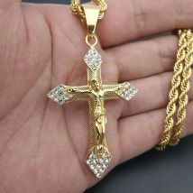 Gold color tone Cross Christ Jesus Pendant Necklace with zircon 316L Stainless Steel Link rolo Chain Heavy Men Jewelry Gift