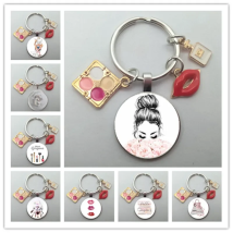 Fashion Beauty Metal Glass Keychain Pendant Red Enamel Lips Mixed Powder Makeup Keychain Beauty Ladies Luxury Handbag Jewelry
