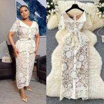 Long Dress Women Dresses Lace Short Sleeve Hollow Out High Waist Belt Vestidos Turn Down Collar Elegant Y2k Party Night Wedding