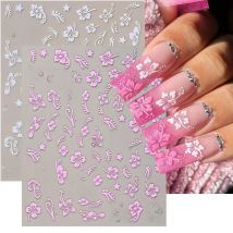 1/2pcs 3D Pink White Hibiscus Flower Nail Stickers Cute Summer Petals Nail Art Decals 8*10cm Adhesive Floral Slider Decoration 7