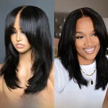 Wear And Go Wig With Layered Bang Glueless Ready To Wear Straight 13x4  lace Human Hair Wigs For Women 4x4 Lace Closure Wig 250%