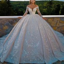 Customized V-Neck Wedding Dresses Off The Shoulder Long Sleeve Shiny Beaded Sequins Lace Princess Ball Gown Vestidos De Novia