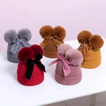 Baby Double Pompom Hat Velvet Bow Winter Girls Warm Knit Thicker Pom Pom Hats Ball Children Beanie Cap Kids Bonnet Casquette