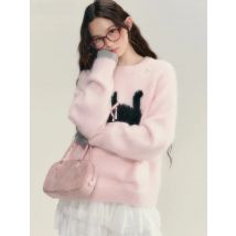 Fluffy Pullovers Women Cat Print Sweet Bow Design Warm Autumn Winter Knitted Sweaters Gentle Ulzzang Aesthetic Jumper Students