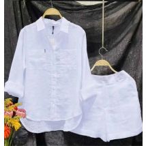 Fashion White Long Sleeve Women Shirts And Shorts Two Piece Sets 2024 Summer Pocket Casual Home 2 Piece Set For Women Outfit
