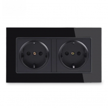 Coswall Wall Glass Panel 16A EU Russia Spain Double Socket Grounded With Children Protective Door Black Color 146*86mm