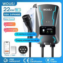 WOUEJ Stazione di ricarica EV W3 Tipo 2 22KW 32A Caricatore per veicoli elettrici trifase Wallbox APP Controllo vocale Scheda RFID Schermo LCD