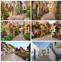 MOON.QG Antique European Alleyway Photography Backdrop Village Town Flower Corridor House Travel Portrait Photocall Background