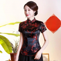 Vintage Flower Women Chinese Traditional Satin Blouse Summer Sexy Shirt Novelty Dragon Clothing Tops Plus Size 3XL 4XL WS009