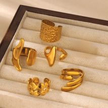 Retro Stainless Steel Geometric Ring for Women Gold Color Cross Width Open Adjustable Ring Engagement Wedding Jewelry Gift