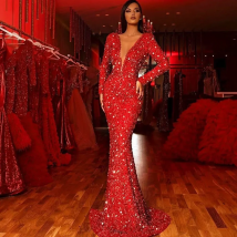 Sexy Deep V Neck Sequin Slim Red Bodycon Dress Night Club Prom Wedding Party Dresses Women Evening Elegant Long Maxi Dress