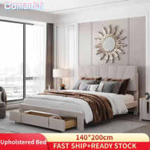 Comanlai Polsterbett 140 x 200 cm, mit Schubladen, Rückenlehne und Lattenrost, höhenverstellbares Kopfteil, Samt, Beige
