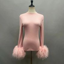 Women's Winter Sweater with Mongolian sheep Fur Cuff Lady Fashion High Collar Soft Warm