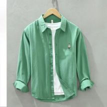 Spring and Autumn New Bear Embroidery Casual Long Sleeve Men Shirts 100% Cotton Solid Color Fashion Art Versatile Top C1378